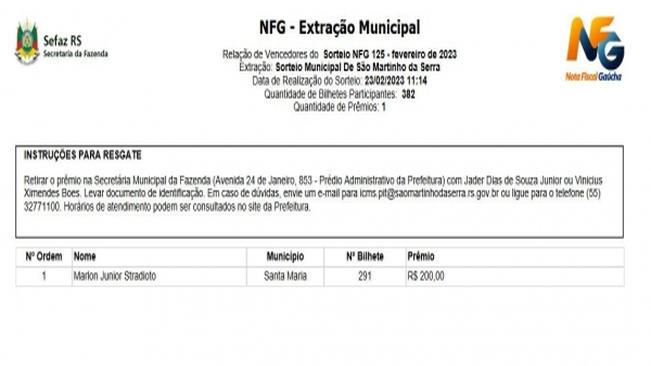 Resultado do programa peça nota - NOTA FISCAL GAÚCHA