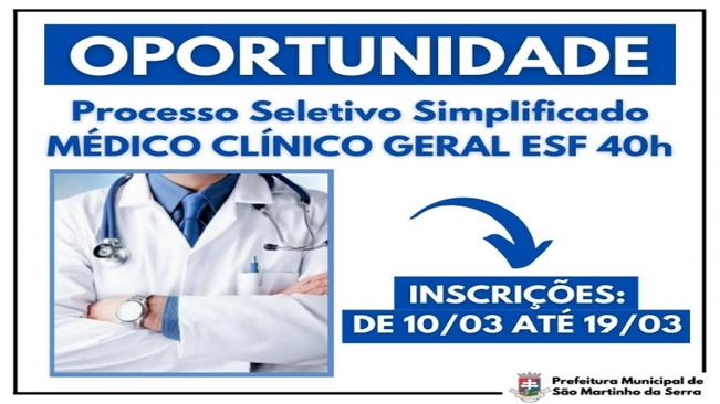 Processo Seletivo Simplificado
Médico Clínico Geral ESF 40h 